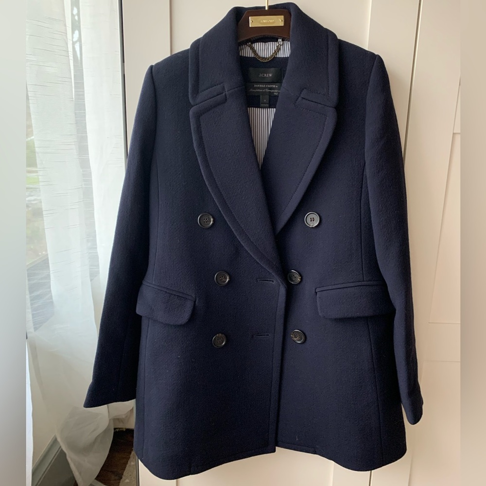 J Crew Double Cloth Women's Peacoat Double Breasted Wool Lined Navy Sz 0